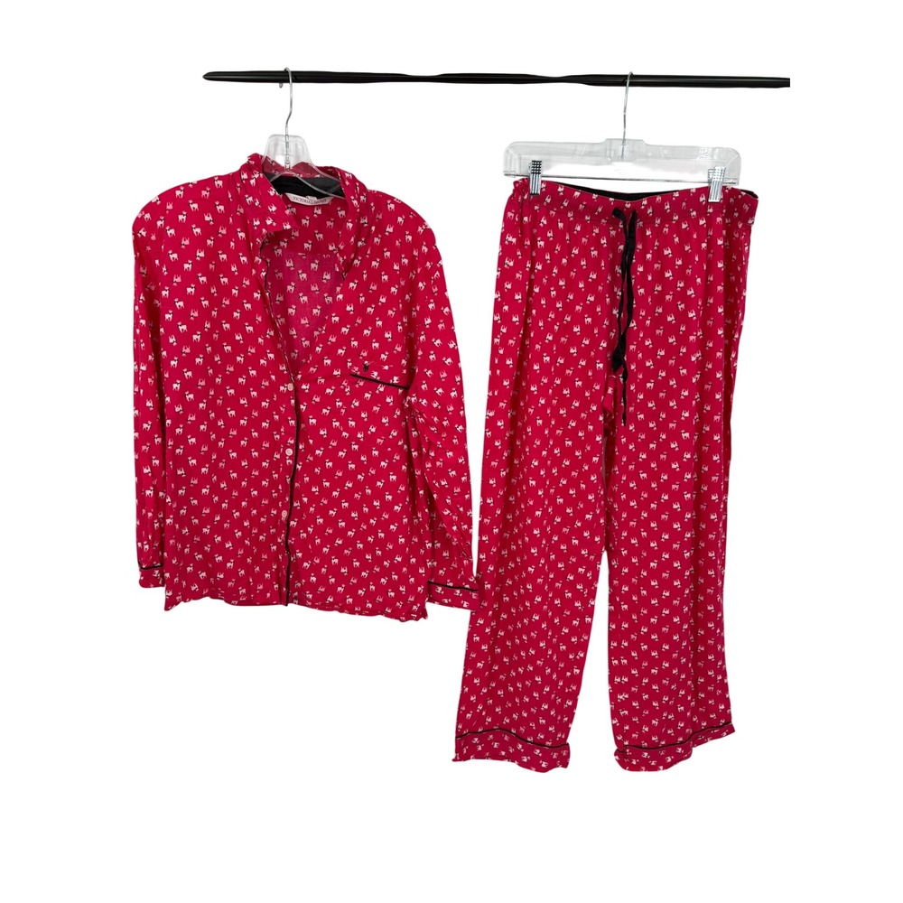 Victoria's Secret Pajama Set Womens L Deer Reindeer Bows Casual Loungewear